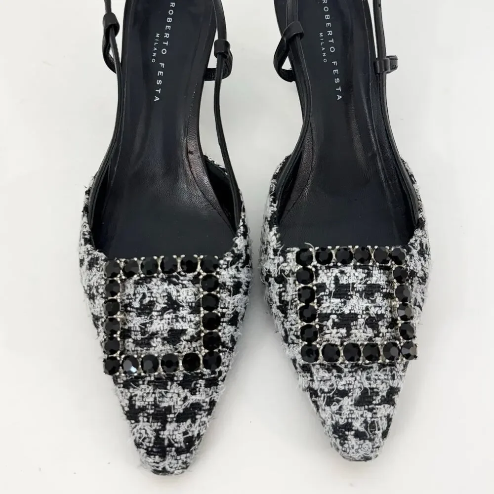 Roberto Festa Atena Slingback Pumps Embellished Buckle Houndstooth 39.5 (US9.5)